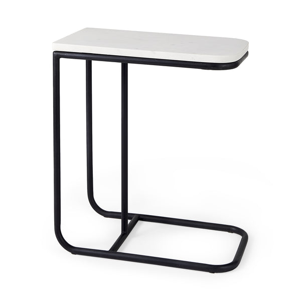 Kyra White Marble Top W/Black Iron Frame C-Shaped End and Side Table
