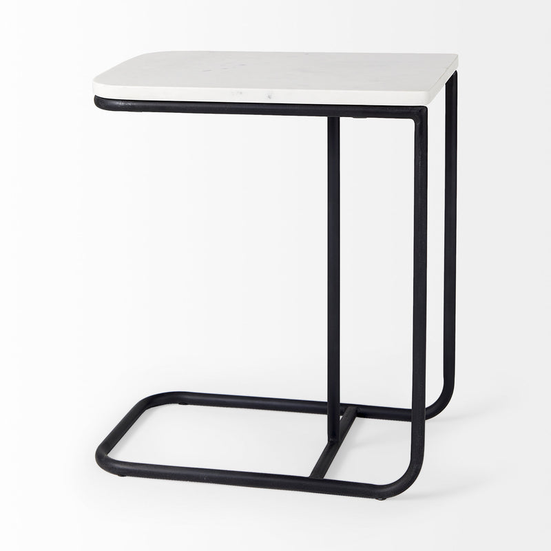 Kyra White Marble Top W/Black Iron Frame C-Shaped End and Side Table