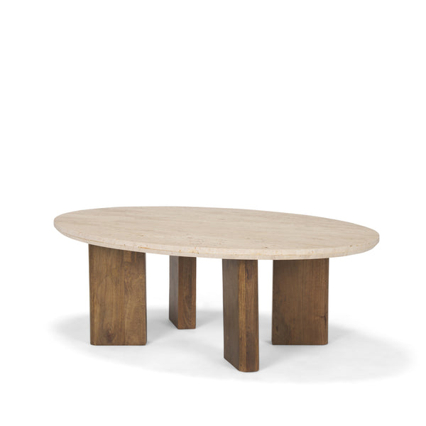 Syona Travertine and Mango Wood Leg Oval Coffee Table