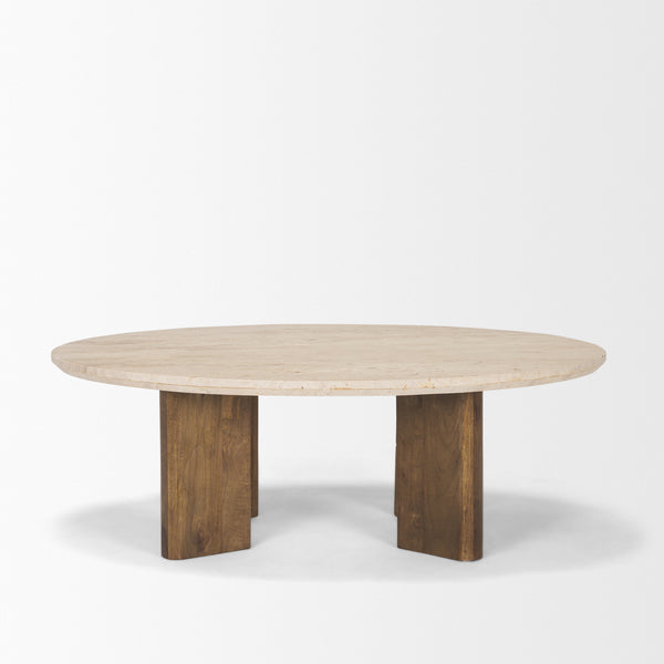 Syona Travertine and Mango Wood Leg Oval Coffee Table