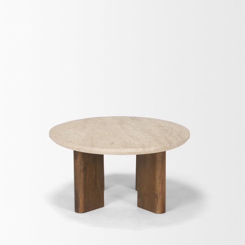 Syona Travertine and Mango Wood Leg Oval Coffee Table