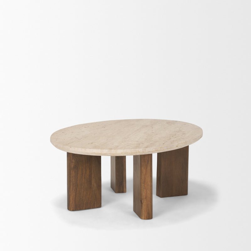 Syona Travertine and Mango Wood Leg Oval Coffee Table