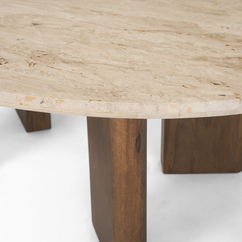 Syona Travertine and Mango Wood Leg Oval Coffee Table