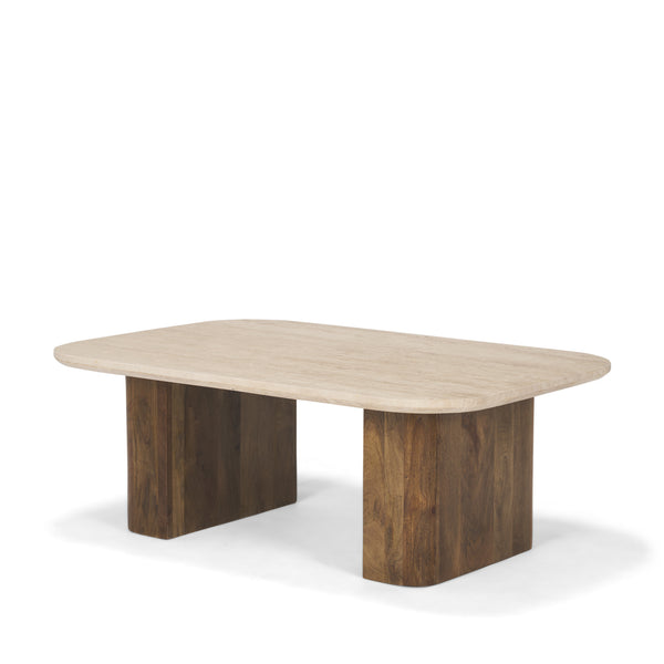 Symona Travertine and Mango Wood Rectangle Coffee Table