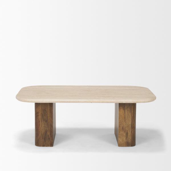 Symona Travertine and Mango Wood Rectangle Coffee Table