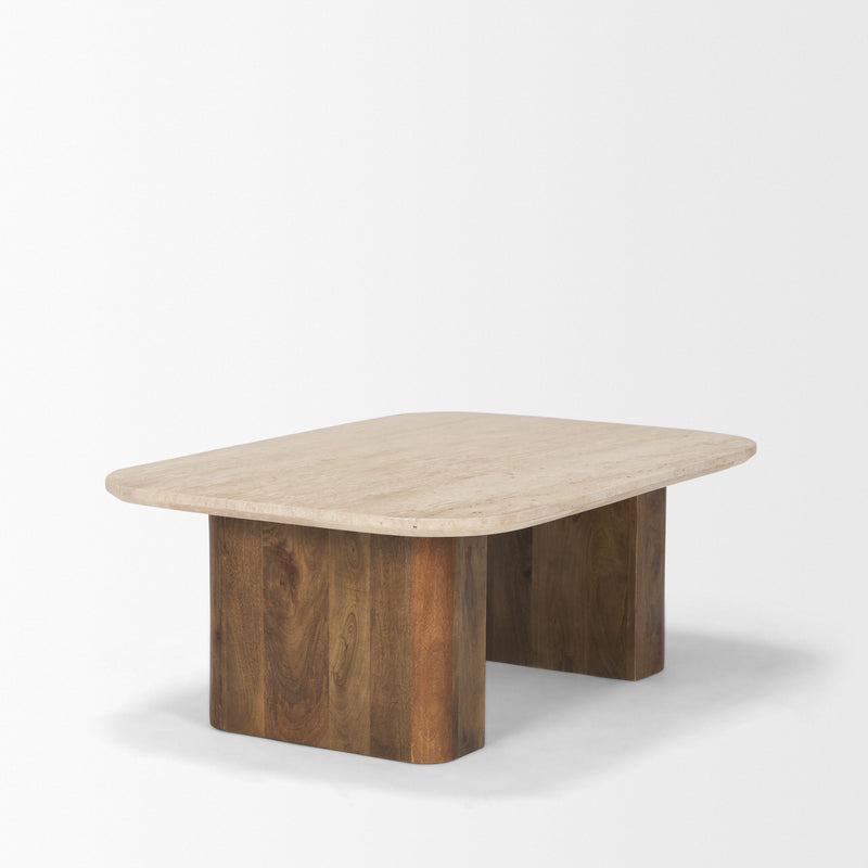 Symona Travertine and Mango Wood Rectangle Coffee Table