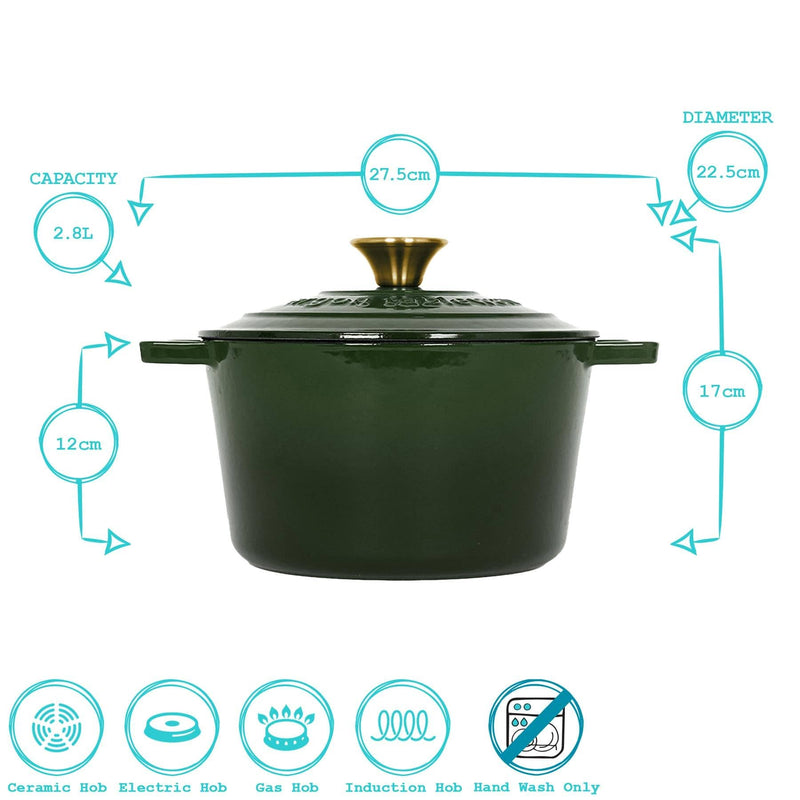 Round Cast Iron Casserole Dish - 2.8L: Green