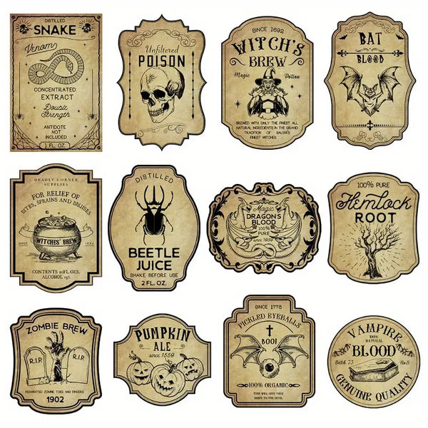 12 Pcs Vintage Wine Bottle Labels for Halloween Decor