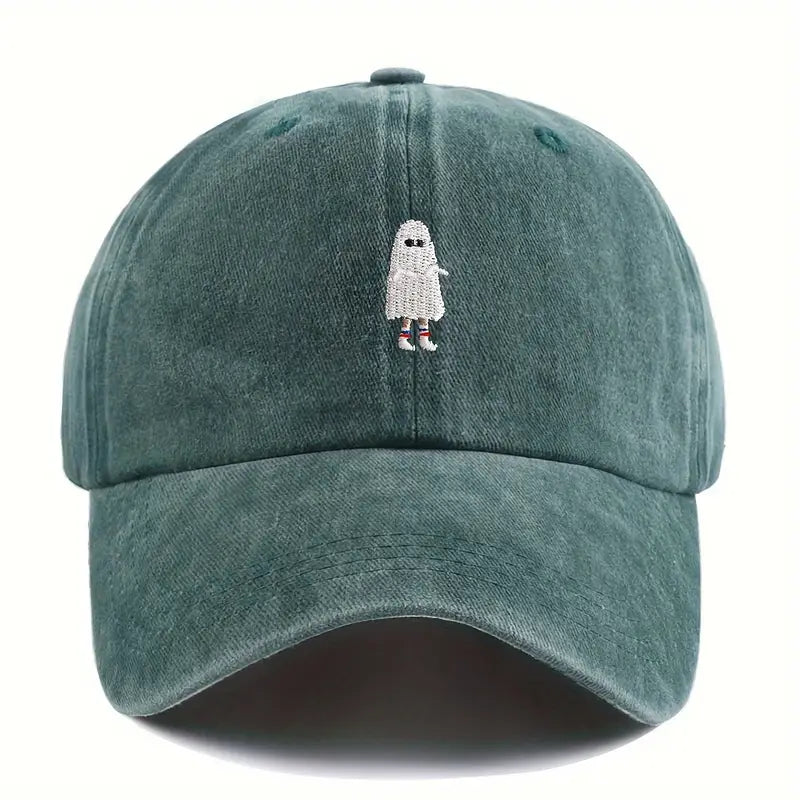 Vintage-Inspired Army Green Baseball Cap with Ghost Embroidery