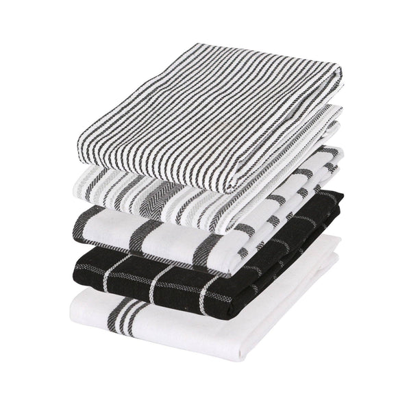 5pc Monochrome Cotton Tea Towel Set - 70cm x 50cm