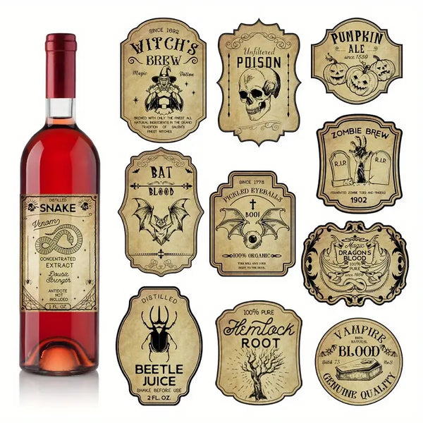 12 Pcs Vintage Wine Bottle Labels for Halloween Decor