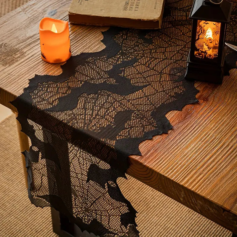 Black Lace Halloween Spider Web and Bat Table Runner - 1'1"W x 5'8"L