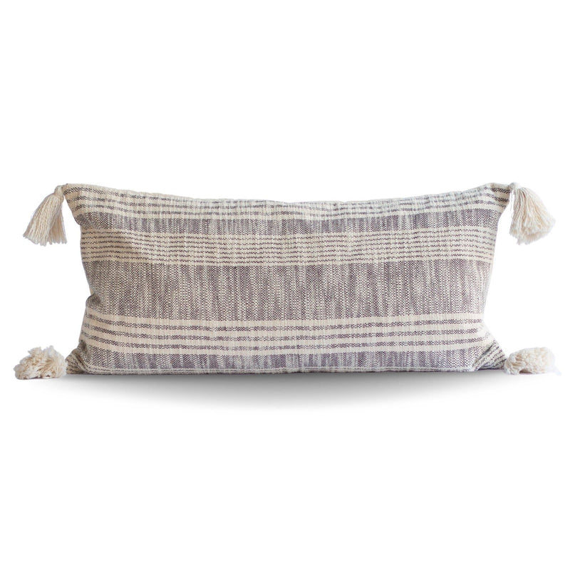 Stripped Charcoal and Cream Cotton Pillow with Tassels