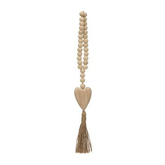 Paulownia Wood Beads w/ Heart Pendant & Jute Tass