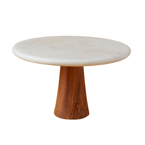 White Marble & Wood Cake Stand, Large